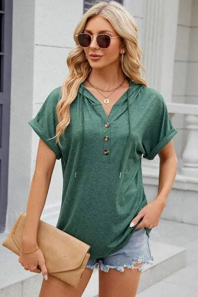 Half Button Drawstring Short Sleeve Hooded T-Shirt Green Women's T-Shirts - Tophatter Daily Deals